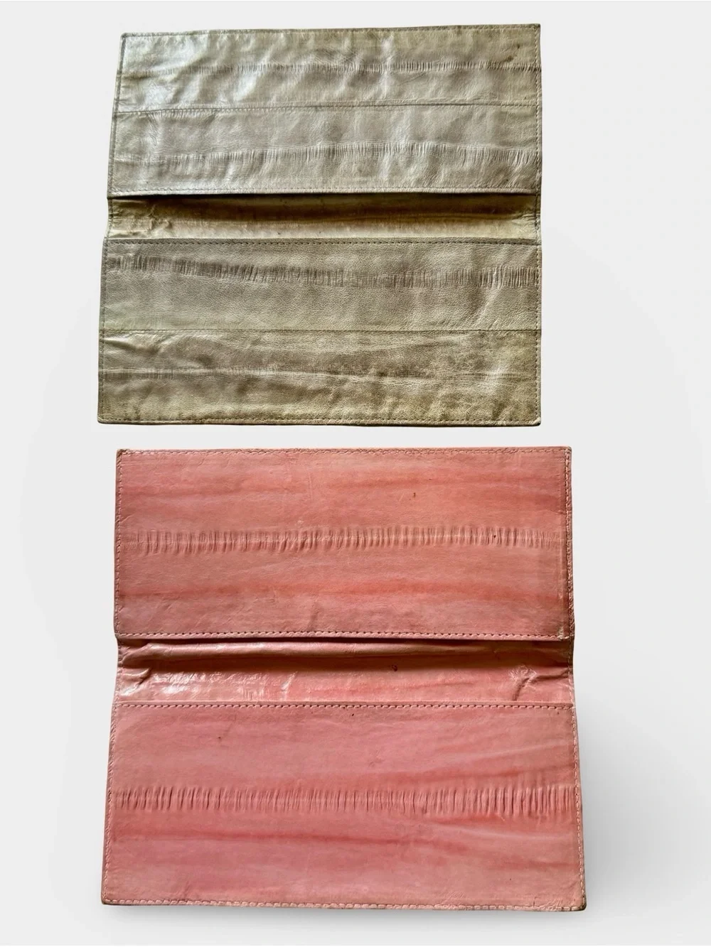 Lot 2 Vintage Eel Skin Long Billfold Wallet Pink Taupe 1980s Checkbook Cover